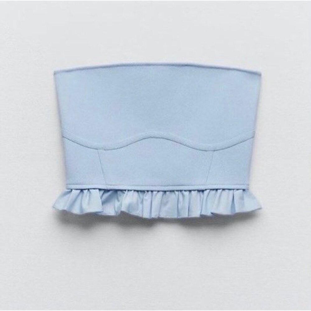 Zara Light Blue Ruffle Corset Bandeau Crop Top | Coastal Cowgirl Balletcore Boho - Picture 13 of 16